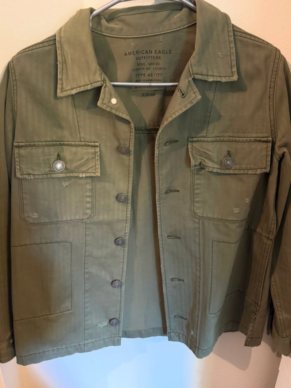 American Eagle Small Distressed Olive Green Utility Military Jacket